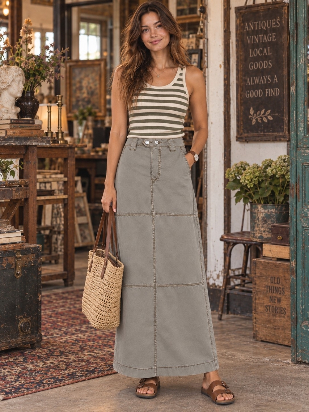 Primark US 6 Gray Khaki Utility Maxi Skirt Panel Seam Double Button